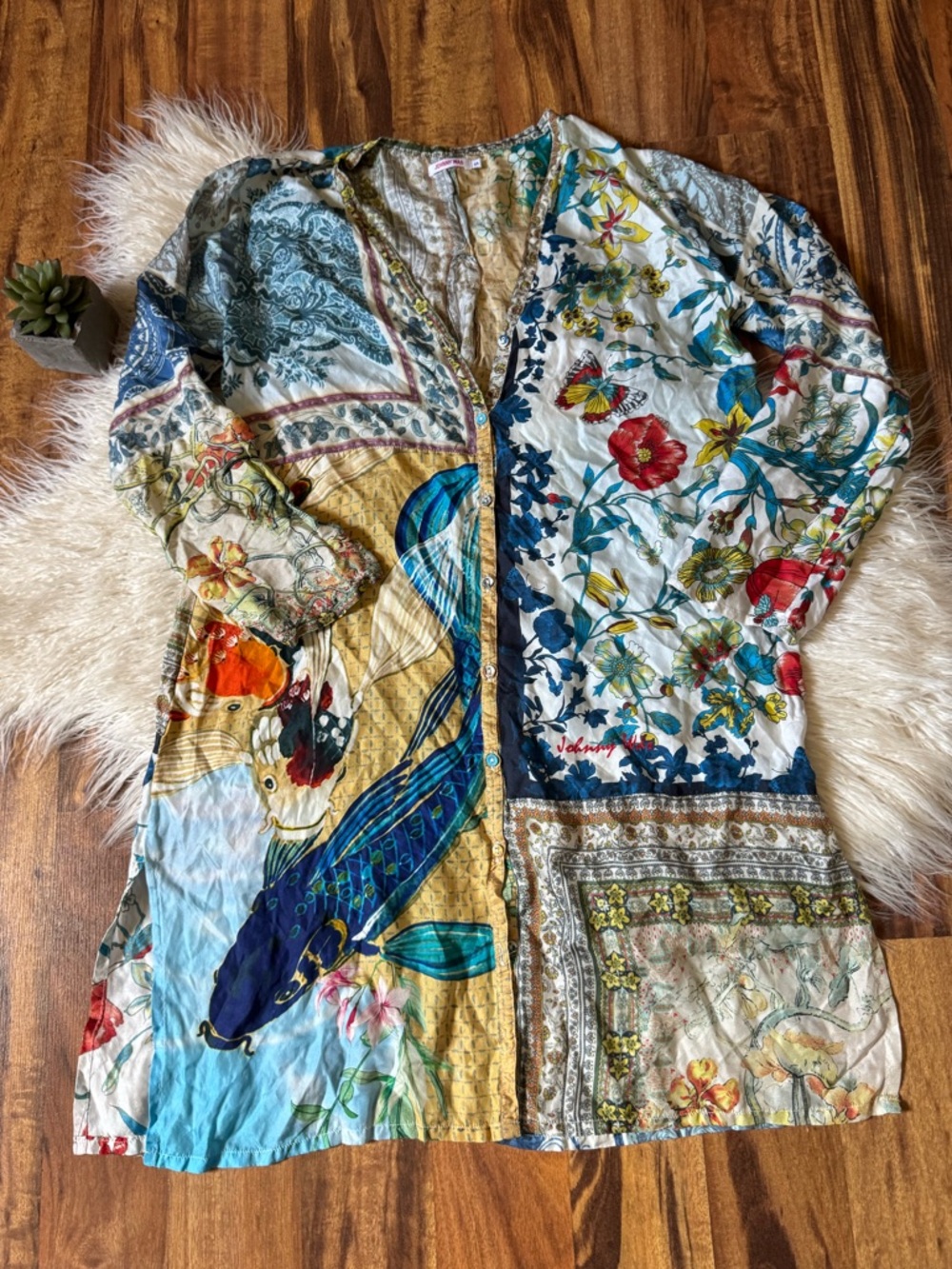 Johnny Was Koi Fish 100% Silk Button Down Tunic Dress